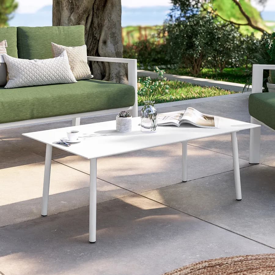 Set relax 4 posti in alluminio bianco con schienale in corda intrecciata verde e cuscini - Berillo