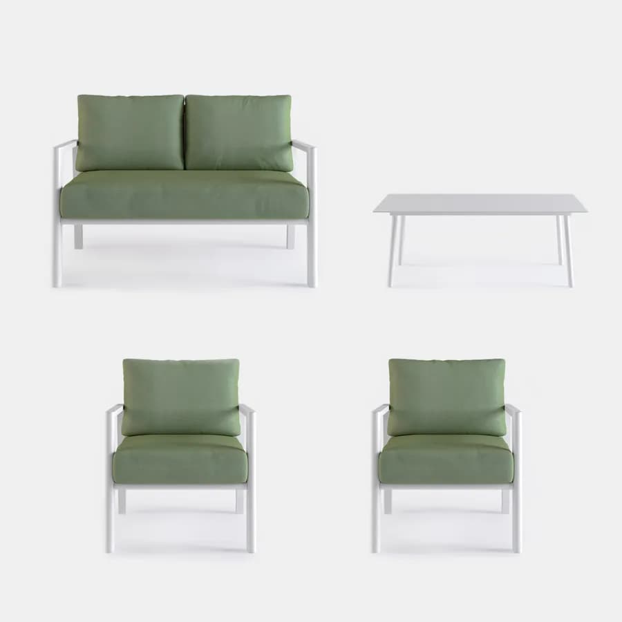 Set relax 4 posti in alluminio bianco con schienale in corda intrecciata verde e cuscini - Berillo