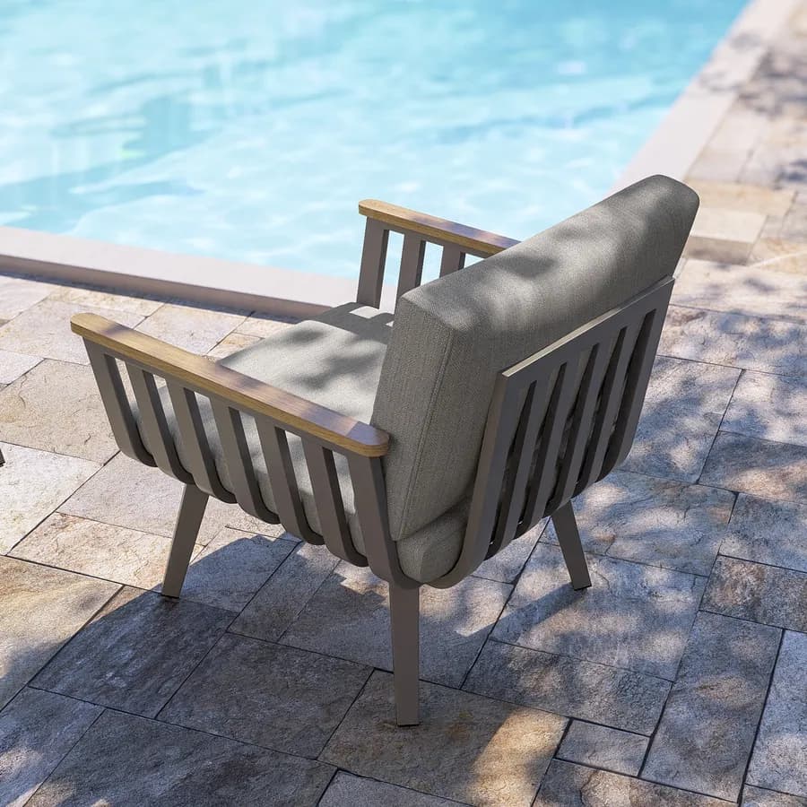Set relax 4 posti in alluminio tortora con braccioli effetto legno e cuscini - Vallarta