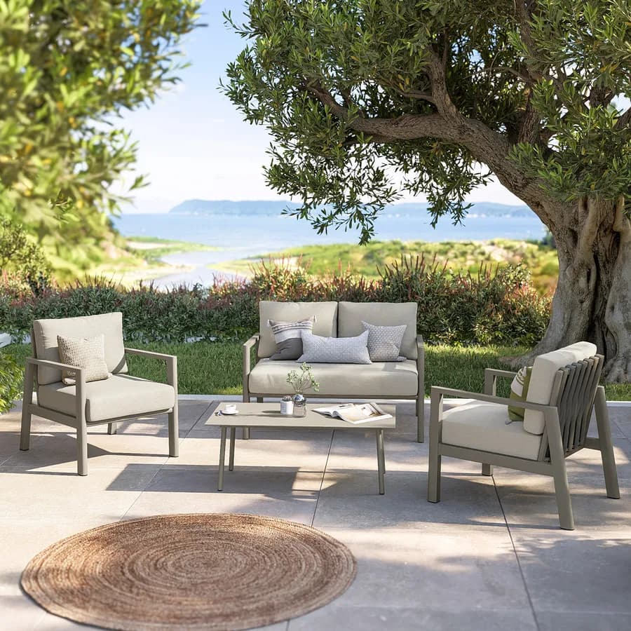 Set relax 4 posti in alluminio tortora con schienale in corda intrecciata beige e cuscini - Berillo