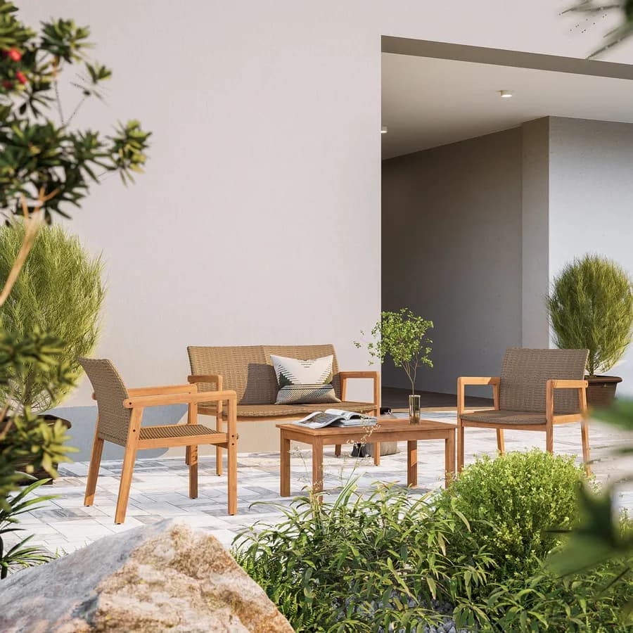 Set relax 4 posti in legno d'acacia e polyrattan naturale - Baleares