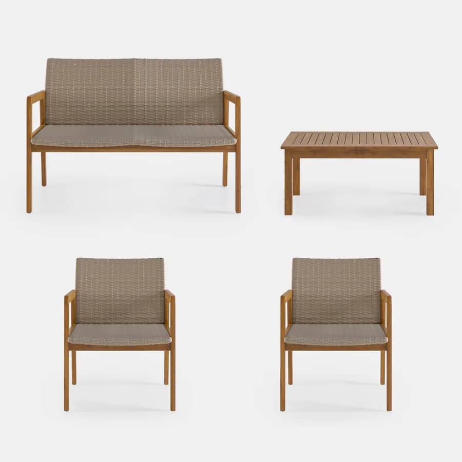 Set relax 4 posti in legno d'acacia e polyrattan naturale - Baleares