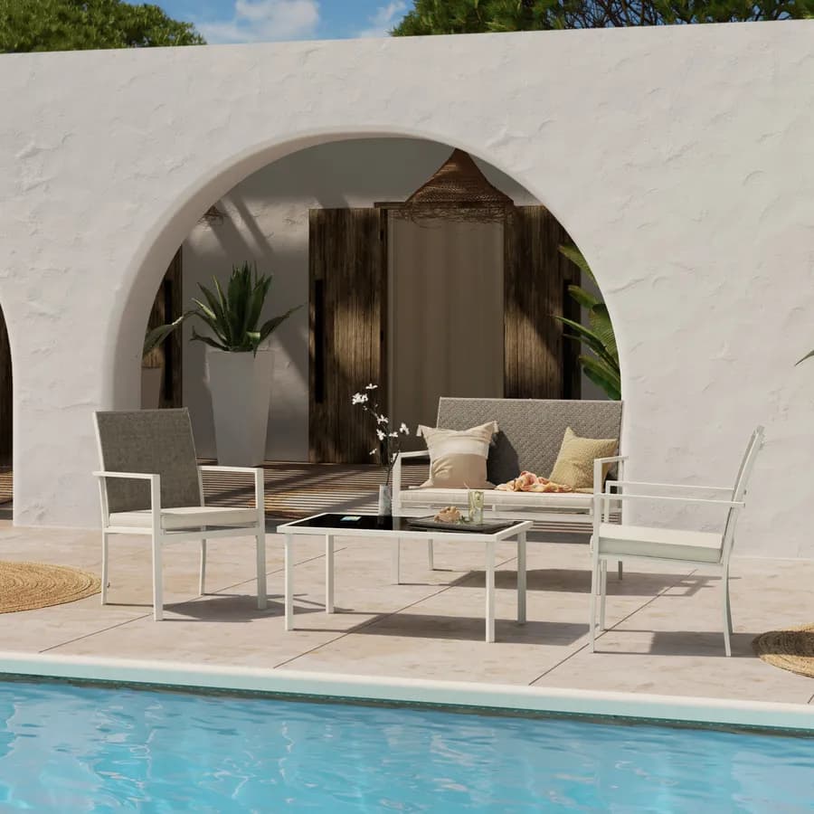 Set relax 4 posti in polyrattan caffè con tavolino e cuscini - Borakay