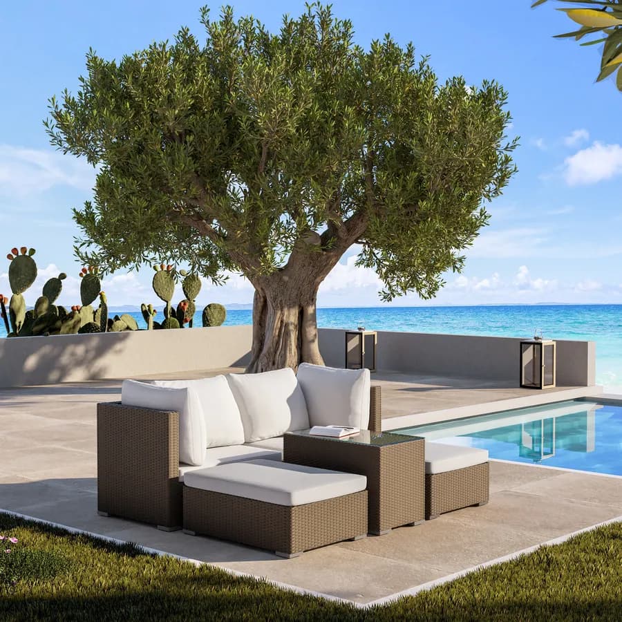 Set relax modulare divano 2 pouf e tavolino con top in vetro in polyrattan tortora - Tropico