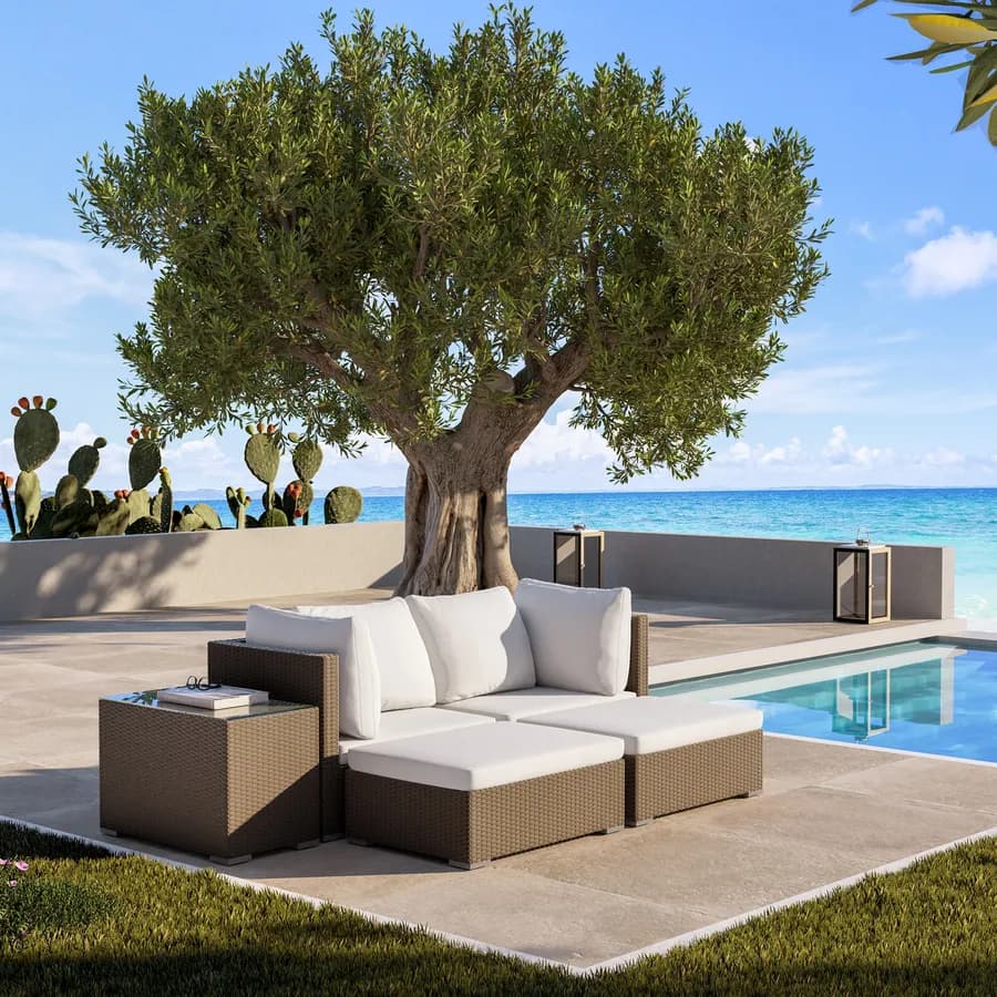 Set relax modulare divano 2 pouf e tavolino con top in vetro in polyrattan tortora - Tropico