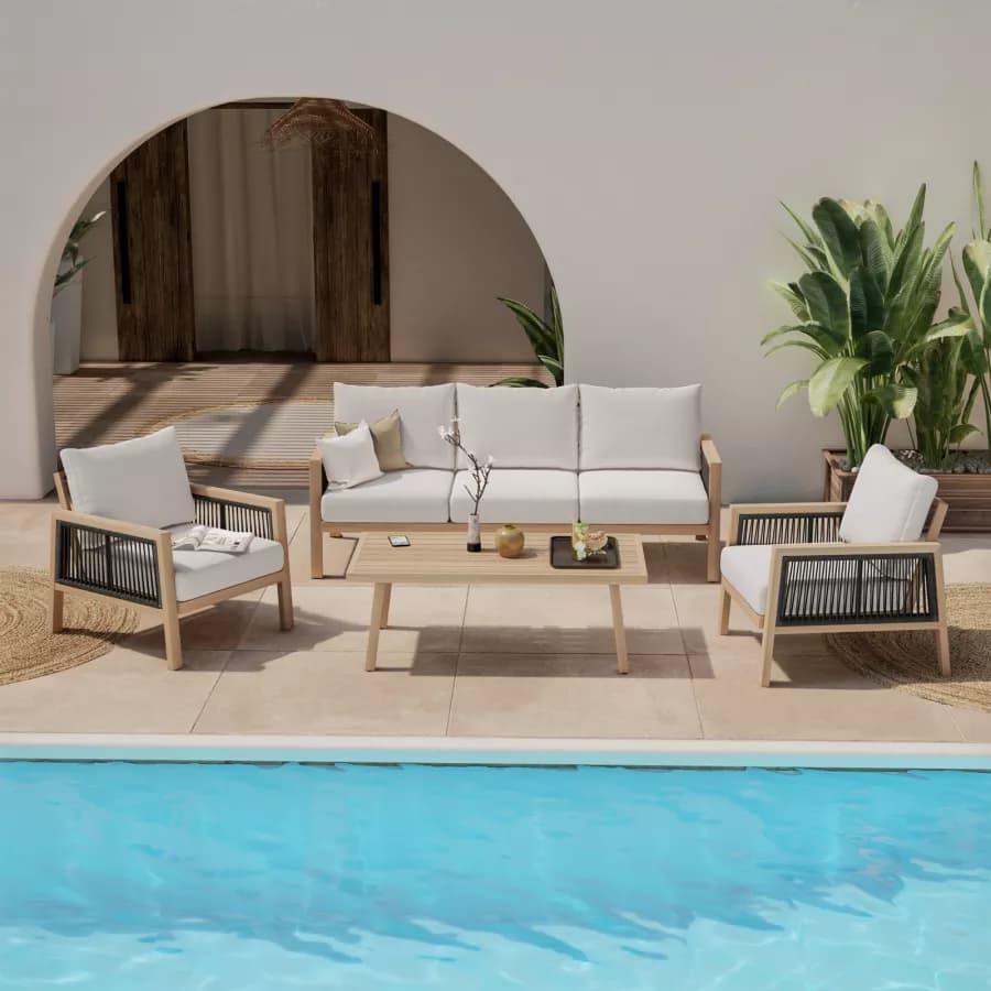 Set relax 5 posti in alluminio effetto legno e dettagli in corda - Managua