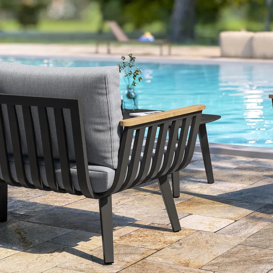 Set relax 5 posti in alluminio nero opaco con braccioli effetto legno e cuscini - Vallarta