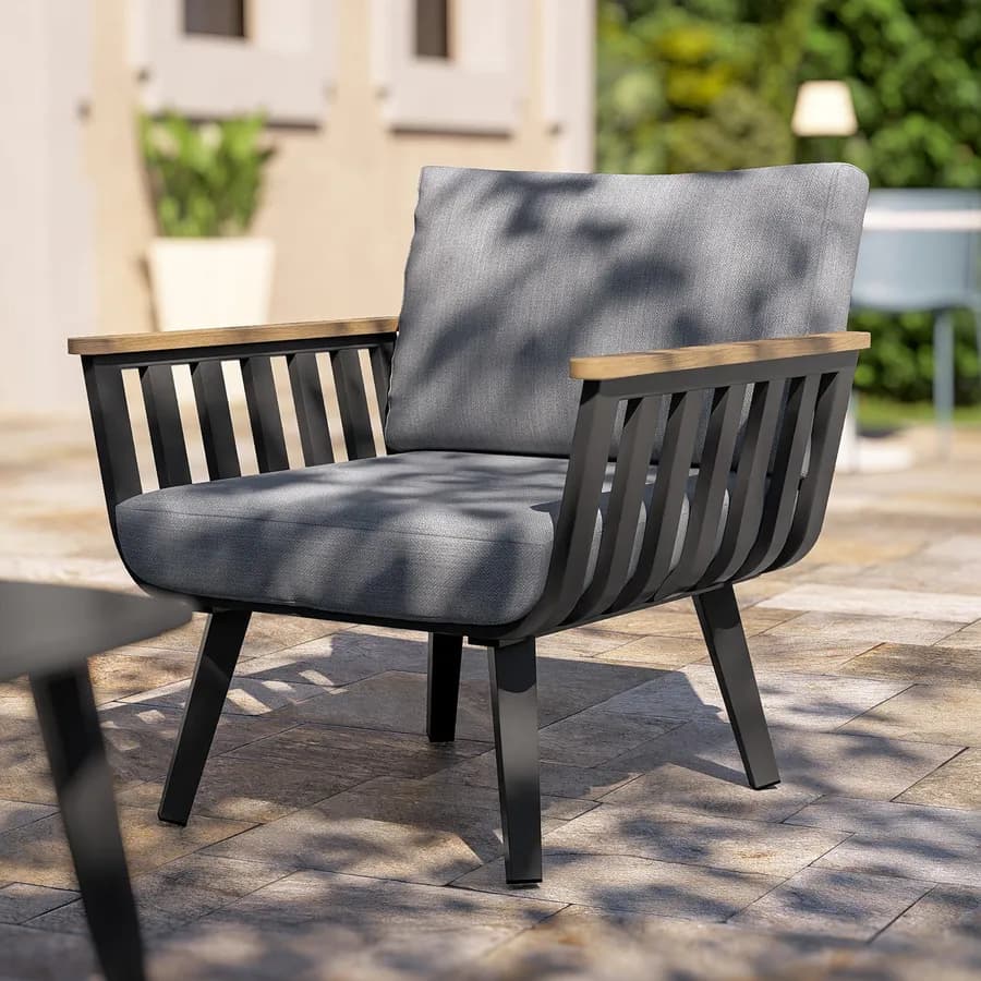 Set relax 5 posti in alluminio nero opaco con braccioli effetto legno e cuscini - Vallarta