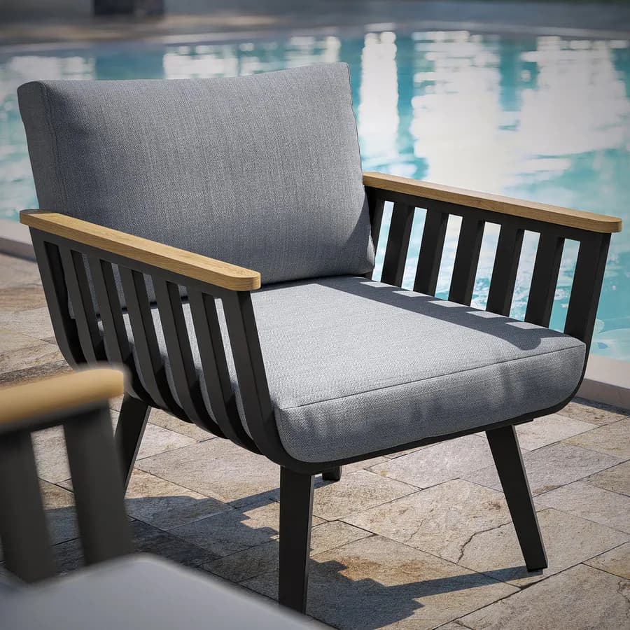 Set relax 5 posti in alluminio nero opaco con braccioli effetto legno e cuscini - Vallarta