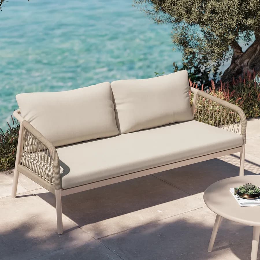 Set relax 5 posti in alluminio tortora con cuscini e dettagli in corda beige - Saffron