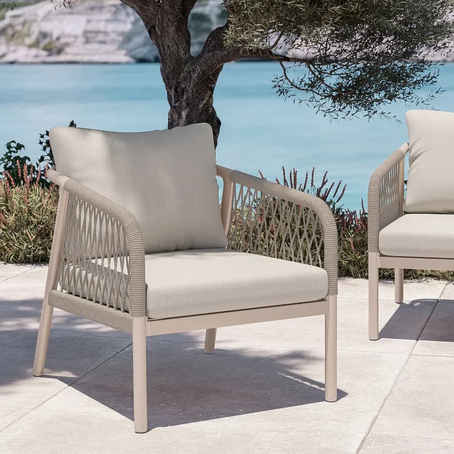 Set relax 5 posti in alluminio tortora con cuscini e dettagli in corda beige - Saffron