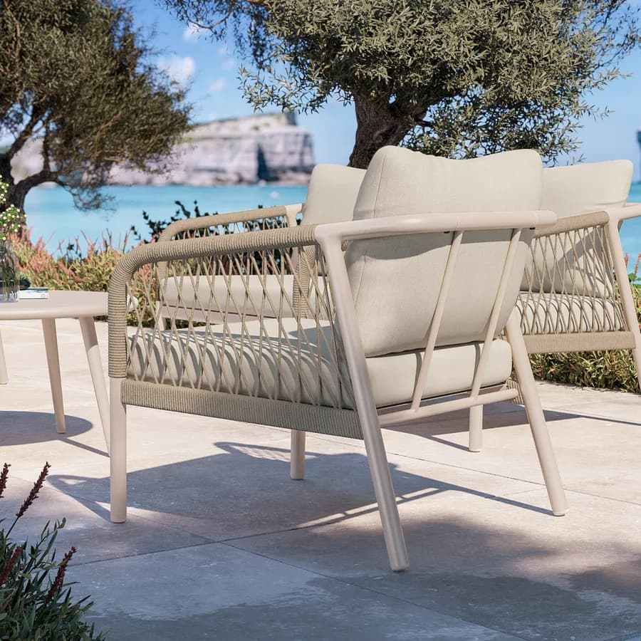 Set relax 5 posti in alluminio tortora con cuscini e dettagli in corda beige - Saffron