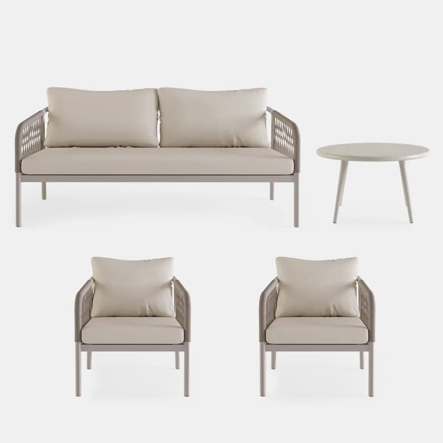 Set relax 5 posti in alluminio tortora con cuscini e dettagli in corda beige - Saffron
