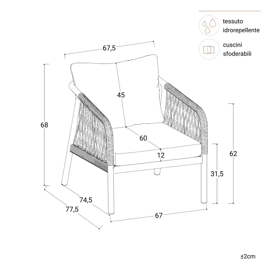 Set relax 5 posti in alluminio tortora con cuscini e dettagli in corda beige - Saffron