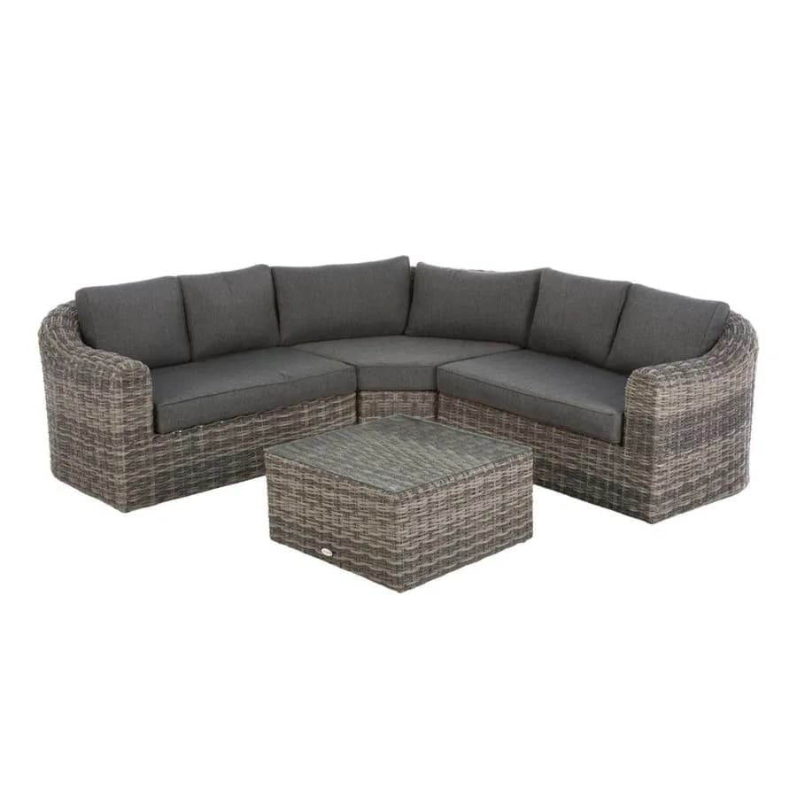 Set relax con divano angolare 5 posti e tavolino top in vetro in polyrattan grigio - Moreno