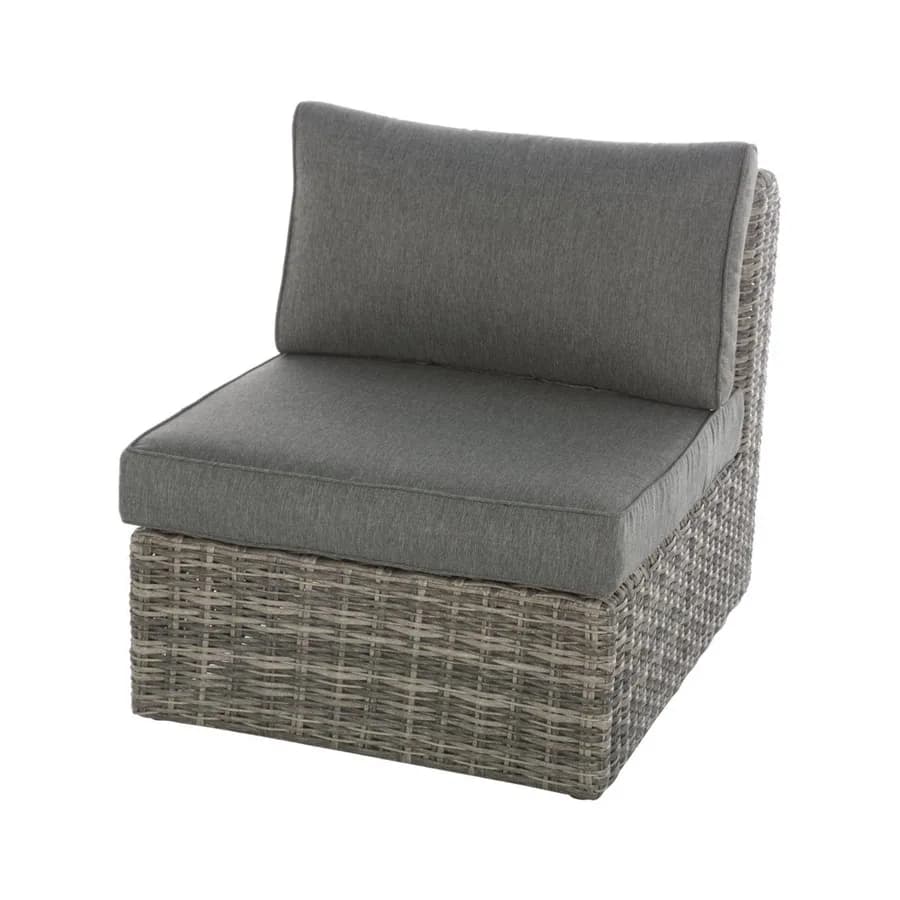Set relax con divano angolare 5 posti e tavolino top in vetro in polyrattan grigio - Moreno