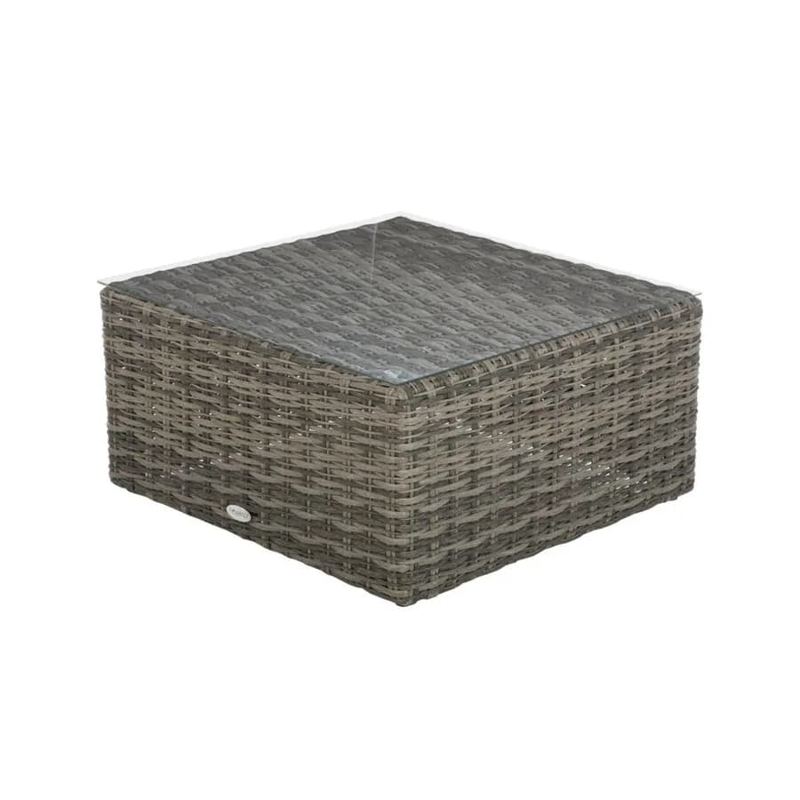 Set relax con divano angolare 5 posti e tavolino top in vetro in polyrattan grigio - Moreno