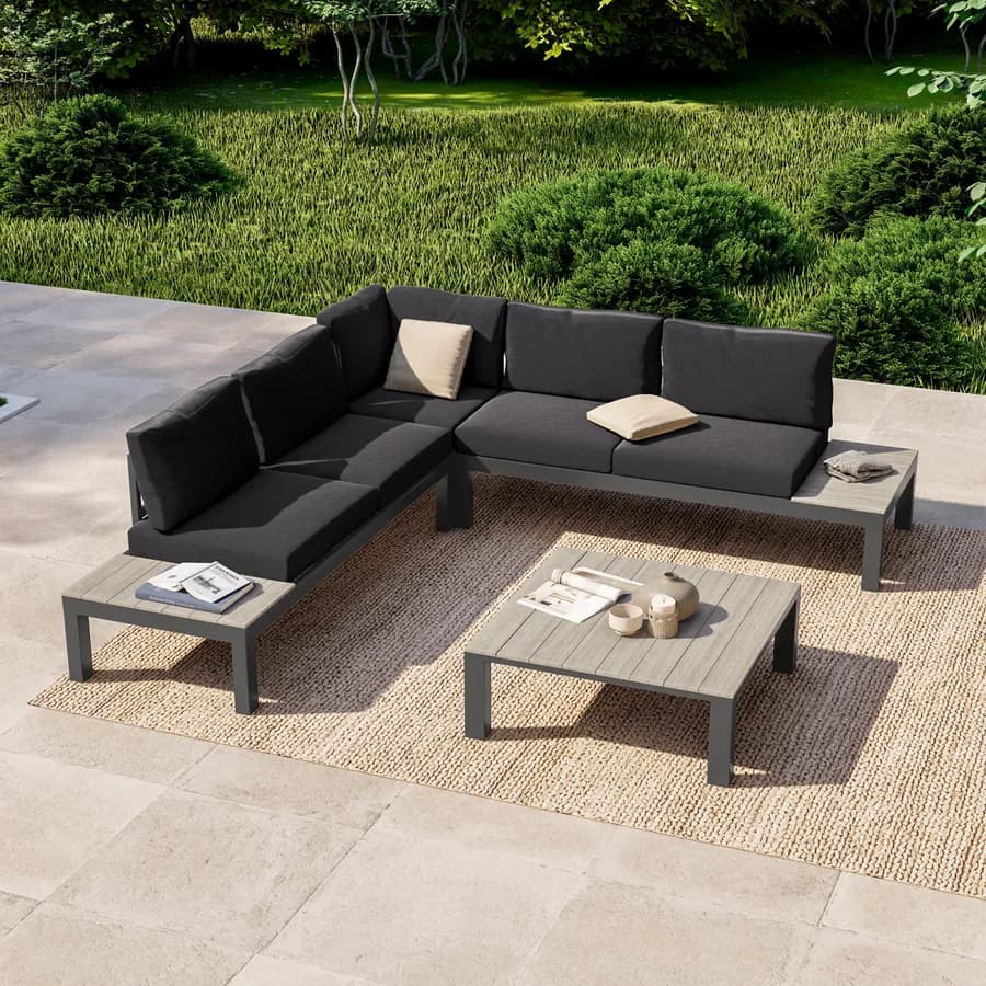 Set relax angolare antracite con tavolino in alluminio e polywood - Stephane