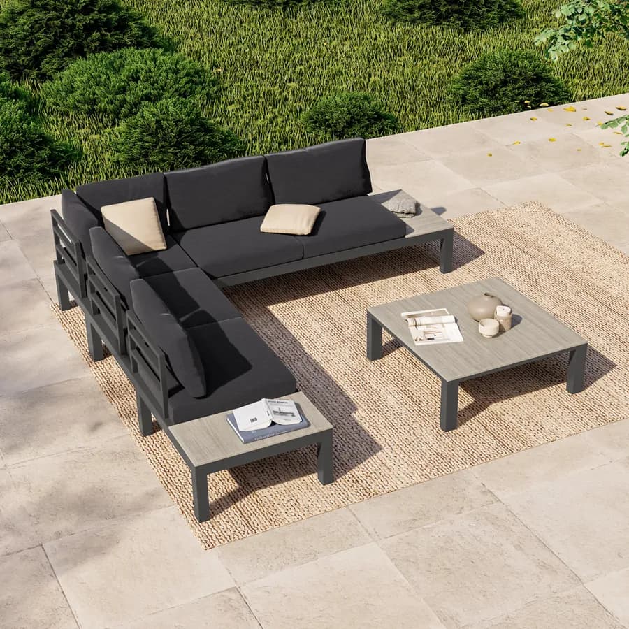 Set relax angolare antracite con tavolino in alluminio e polywood - Stephane