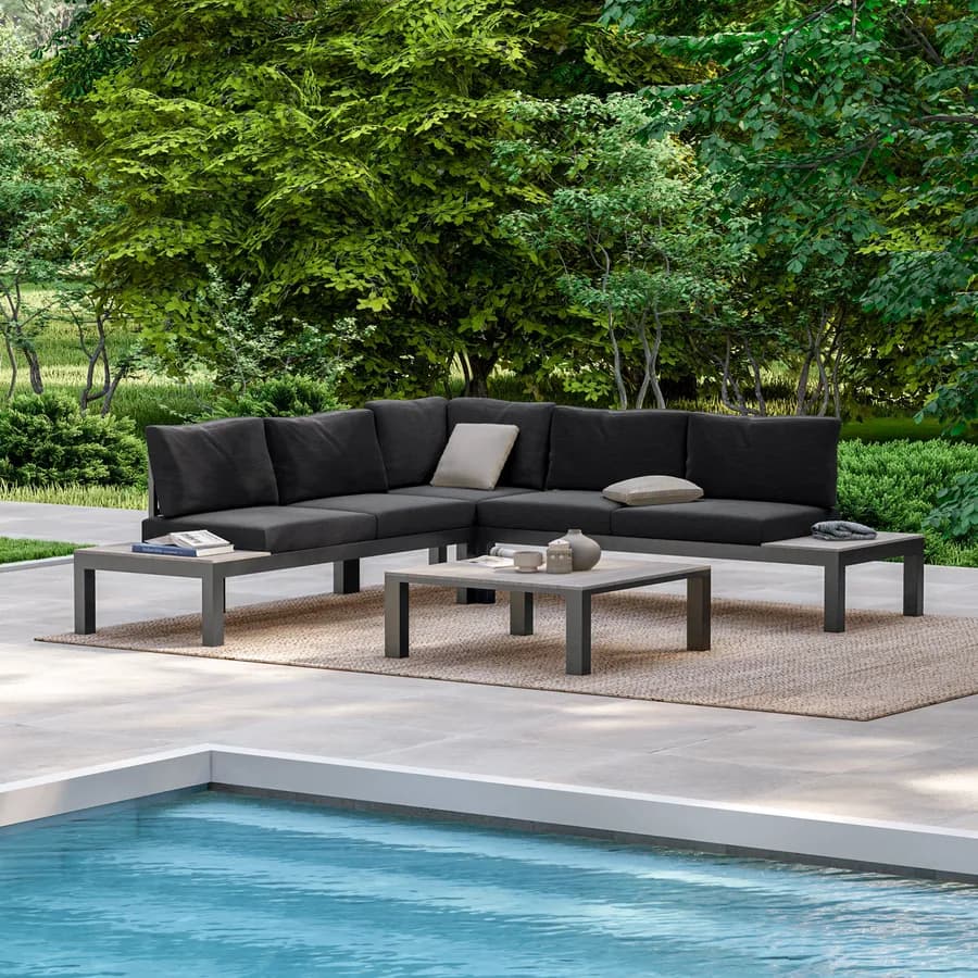 Set relax angolare antracite con tavolino in alluminio e polywood - Stephane