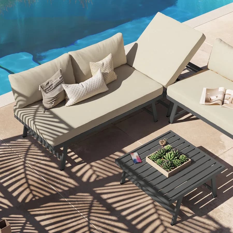 Set relax angolare divano con schienale reclinabile e tavolino in alluminio antracite - Torres