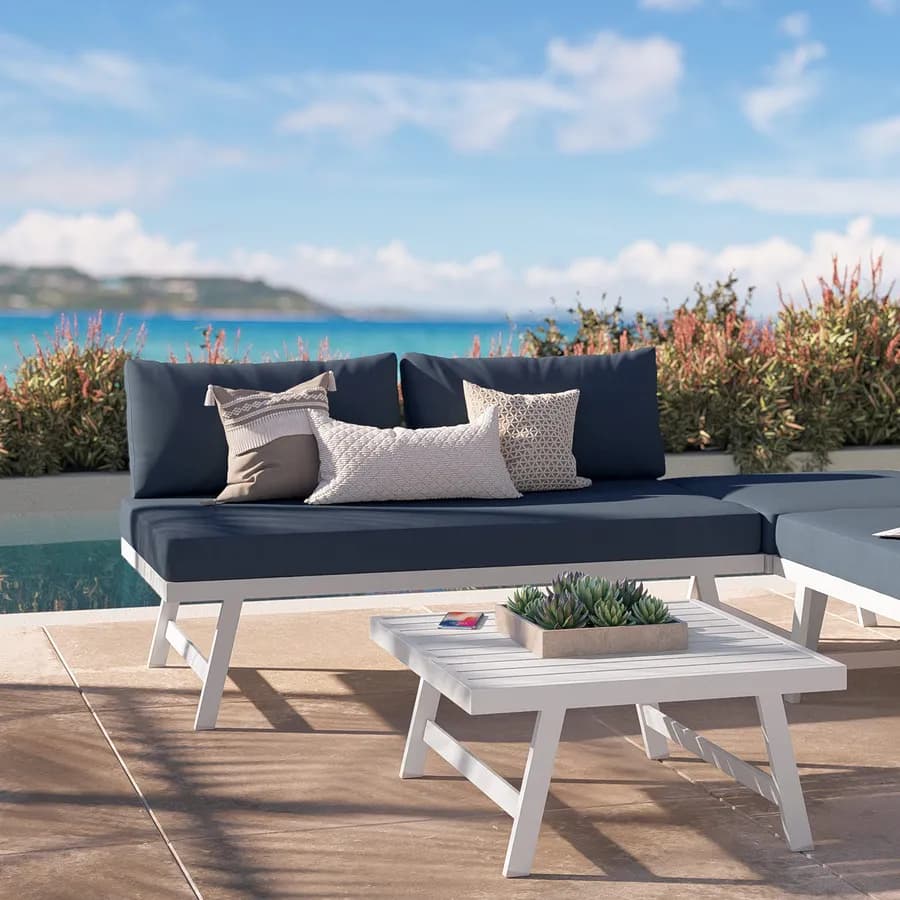 Set relax angolare divano con schienale reclinabile e tavolino in alluminio bianco - Torres