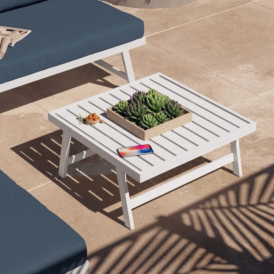 Set relax angolare divano con schienale reclinabile e tavolino in alluminio bianco - Torres