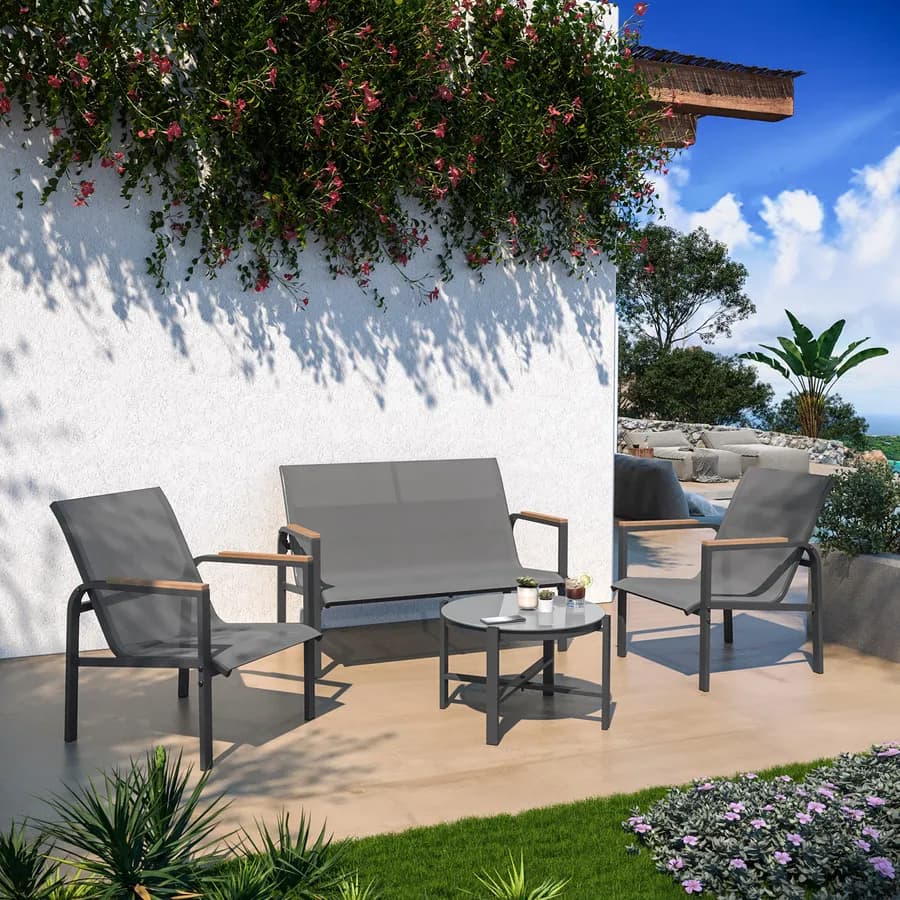 Set relax 4 posti con tavolino in acciaio e textilene antracite e dettagli in polywood - Veski