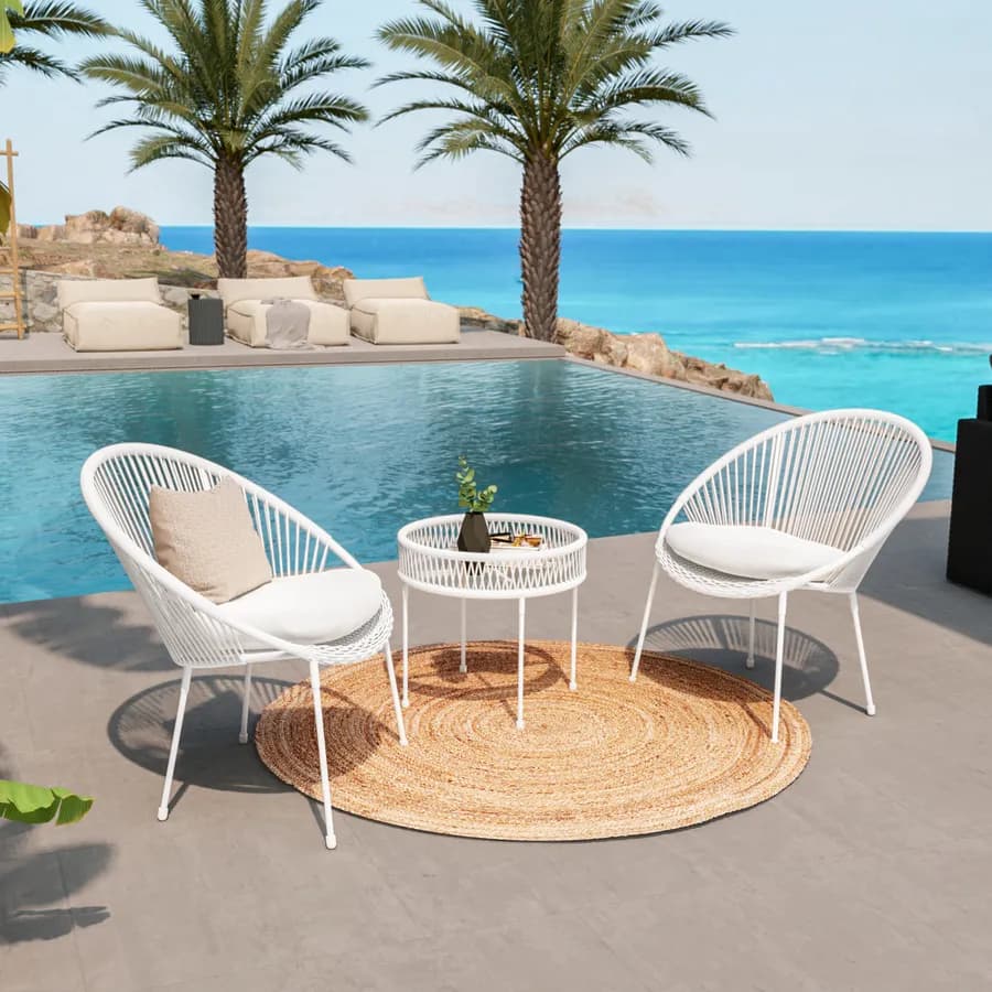 Set relax 2 poltrone e tavolino rotondo 51 cm in acciaio e corda bianca - Ikapia