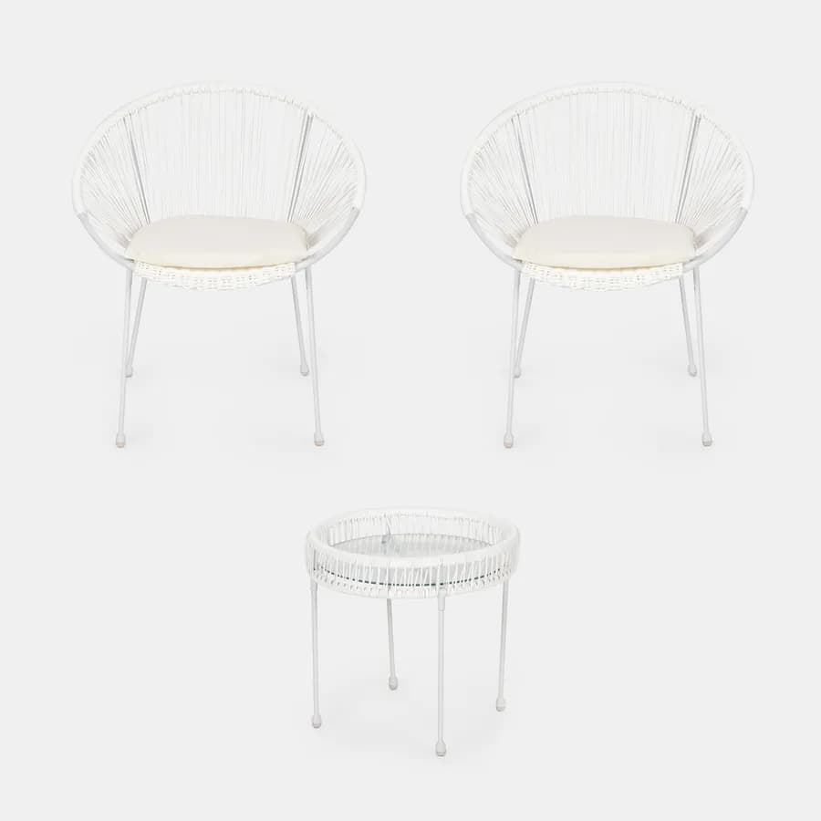 Set relax 2 poltrone e tavolino rotondo 51 cm in acciaio e corda bianca - Ikapia