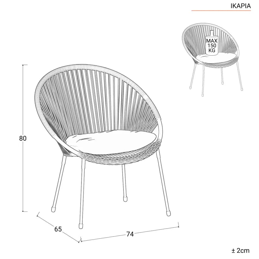 Set relax 2 poltrone e tavolino rotondo 51 cm in acciaio e corda bianca - Ikapia
