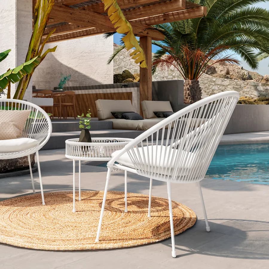 Set relax 2 poltrone e tavolino rotondo 51 cm in acciaio e corda bianca - Ikapia