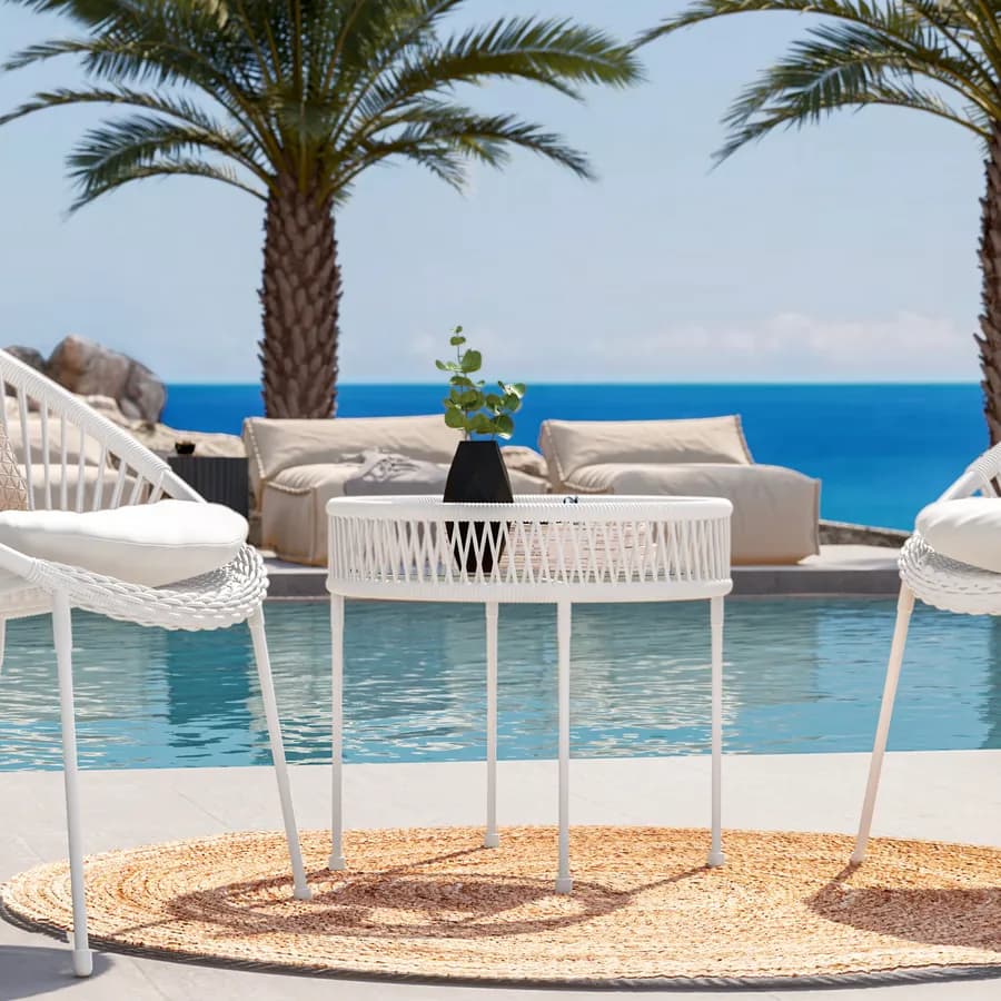 Set relax 2 poltrone e tavolino rotondo 51 cm in acciaio e corda bianca - Ikapia