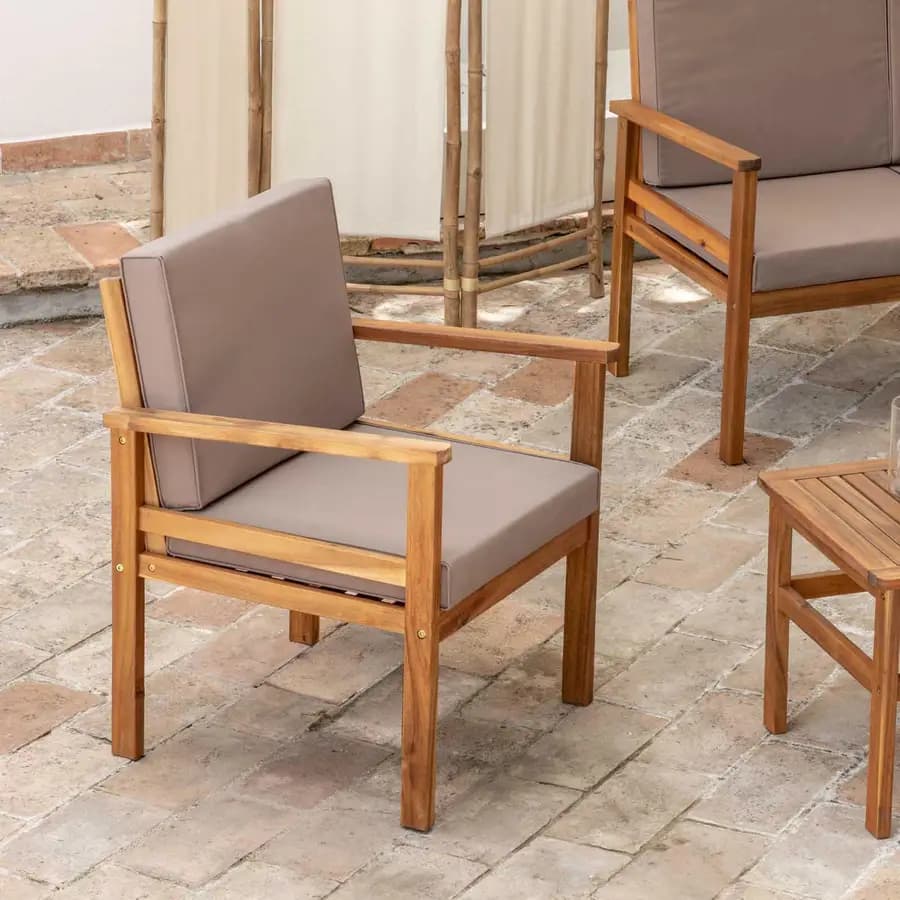Set relax divano due poltrone e tavolino da caffè in legno di acacia con cuscini imbottiti - Paja