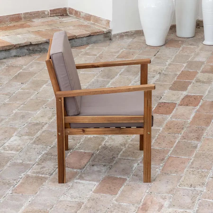 Set relax divano due poltrone e tavolino da caffè in legno di acacia con cuscini imbottiti - Paja