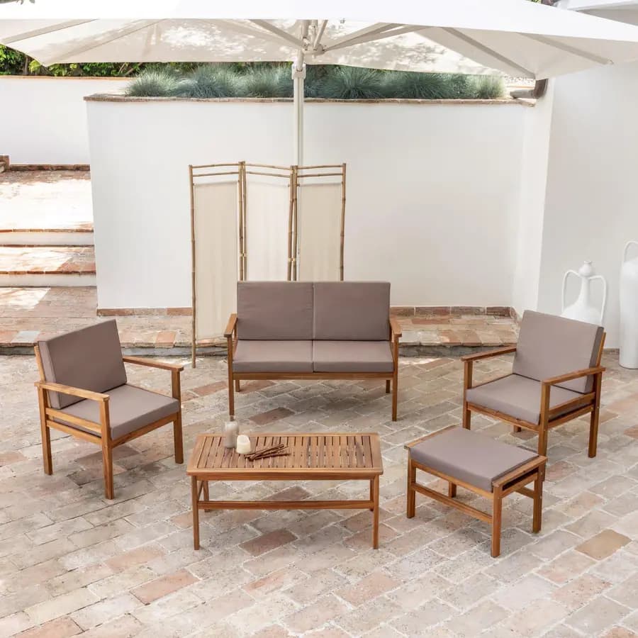 Set relax divano due poltrone e tavolino da caffè in legno di acacia con cuscini imbottiti - Paja