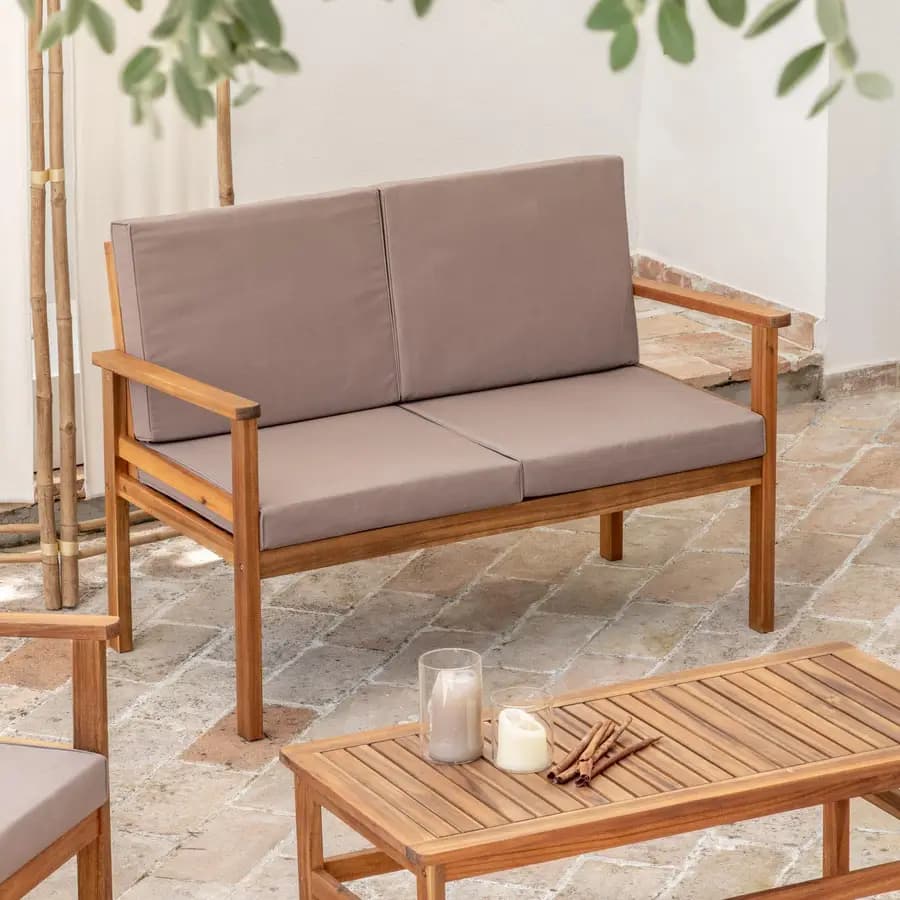 Set relax divano due poltrone e tavolino da caffè in legno di acacia con cuscini imbottiti - Paja