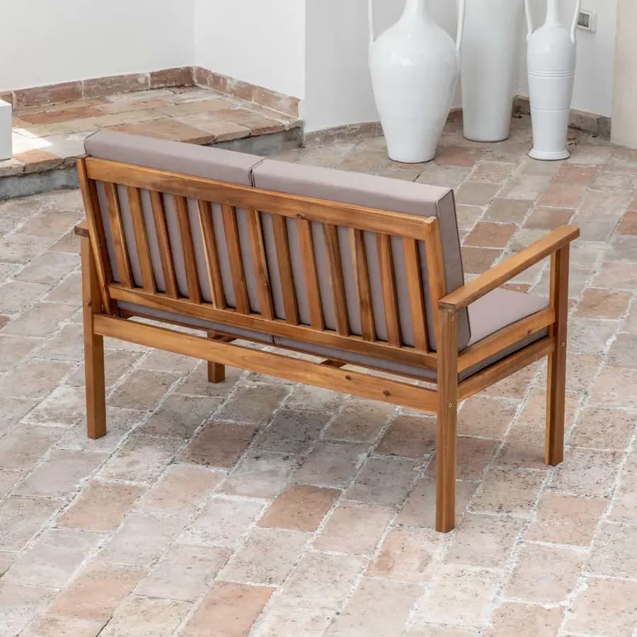 Set relax divano due poltrone e tavolino da caffè in legno di acacia con cuscini imbottiti - Paja