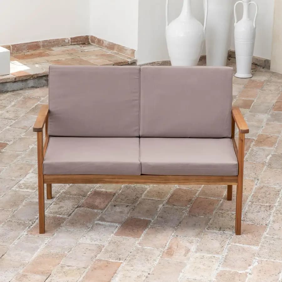 Set relax divano due poltrone e tavolino da caffè in legno di acacia con cuscini imbottiti - Paja
