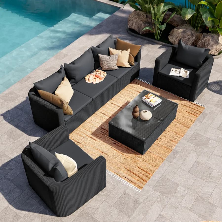 Set relax con divano 3 posti 2 poltrone e tavolino in polyrattan nero con cuscini - Horizon