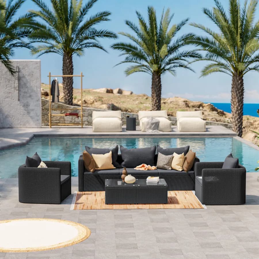 Set relax con divano 3 posti 2 poltrone e tavolino in polyrattan nero con cuscini - Horizon