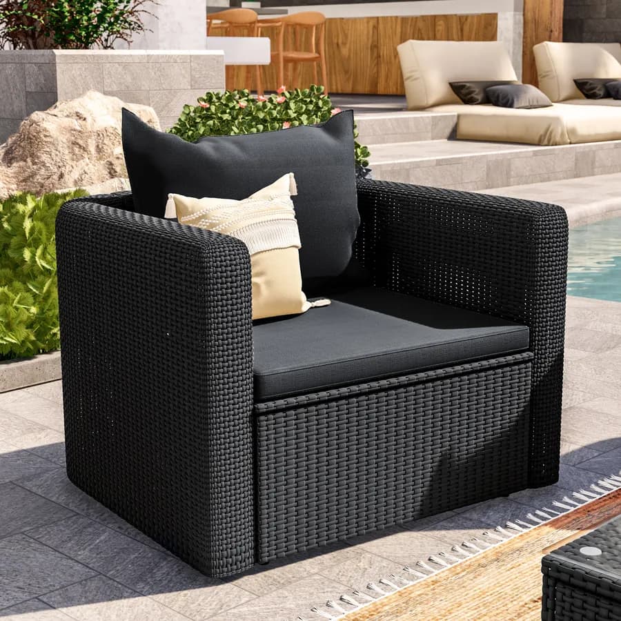 Set relax con divano 3 posti 2 poltrone e tavolino in polyrattan nero con cuscini - Horizon
