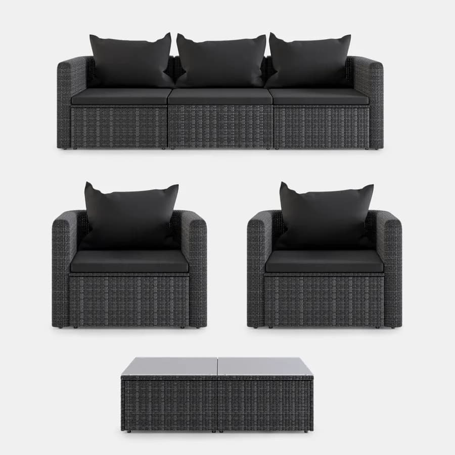 Set relax con divano 3 posti 2 poltrone e tavolino in polyrattan nero con cuscini - Horizon