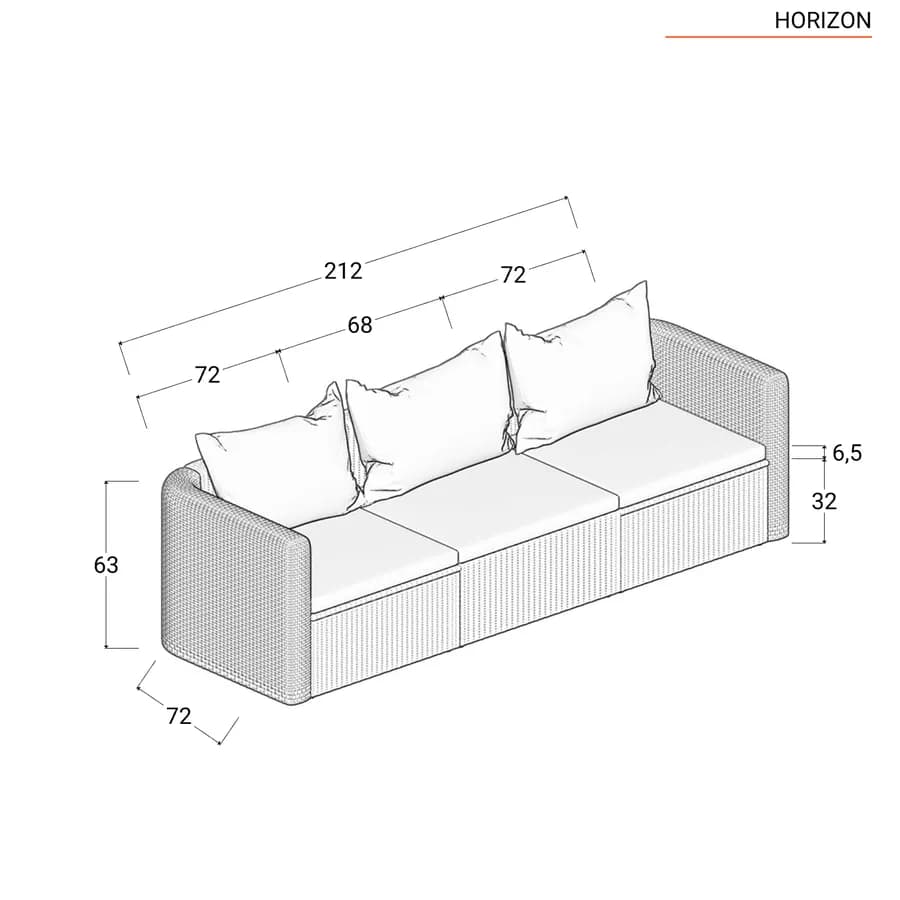Set relax con divano 3 posti 2 poltrone e tavolino in polyrattan nero con cuscini - Horizon