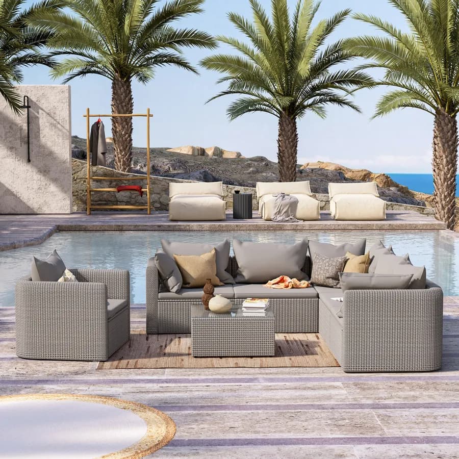 Set relax con divano angolare poltrona e tavolino da caffè in polyrattan tortora - Horizon