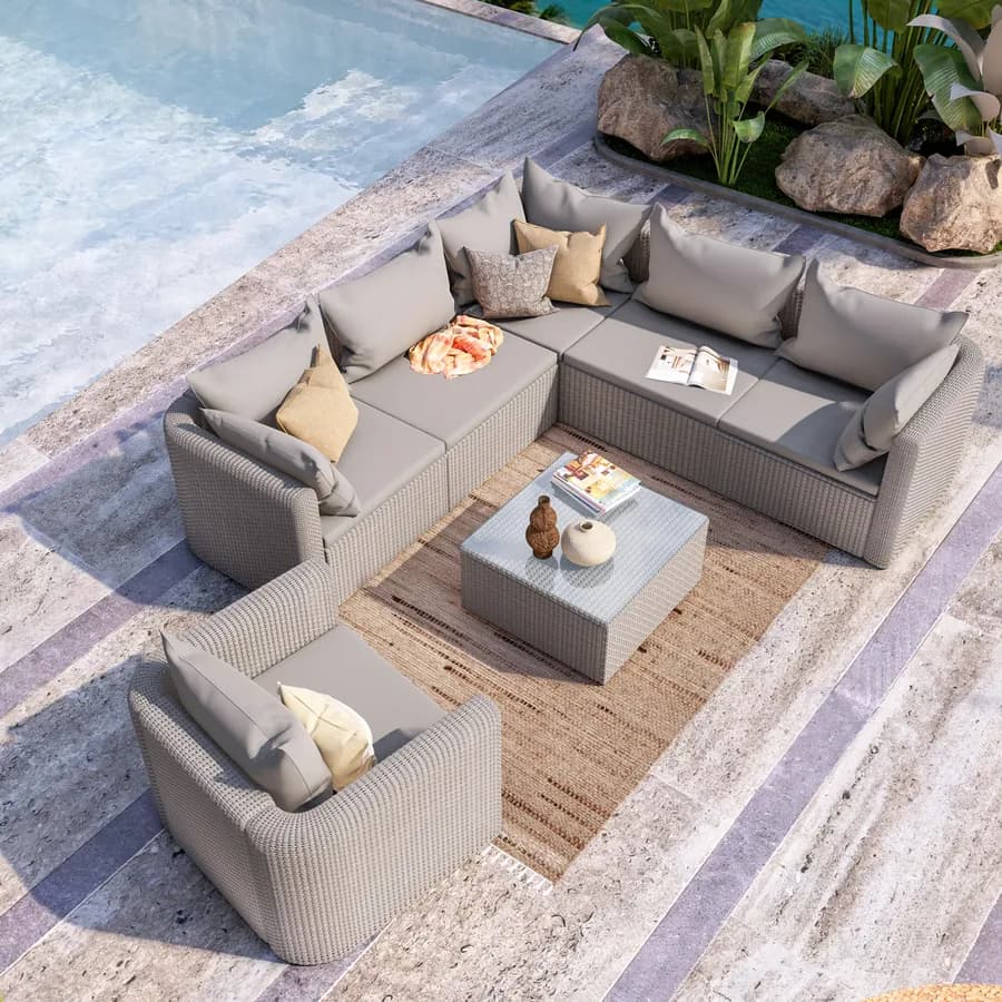 Set relax con divano angolare poltrona e tavolino da caffè in polyrattan tortora - Horizon