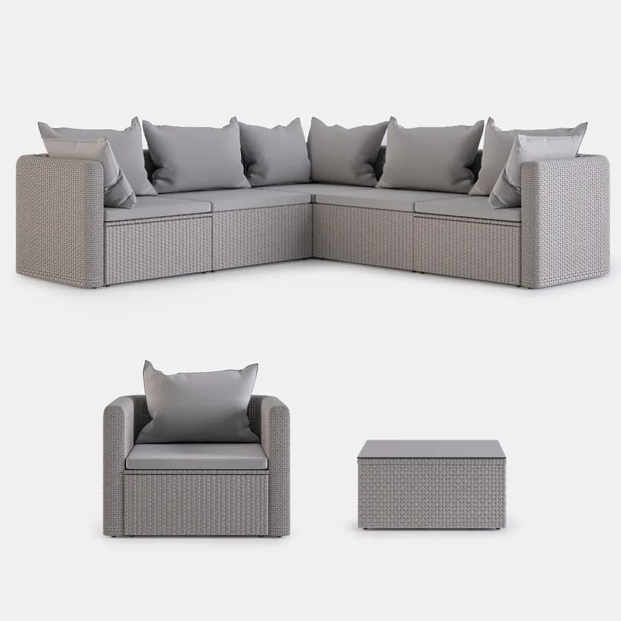 Set relax con divano angolare poltrona e tavolino da caffè in polyrattan tortora - Horizon
