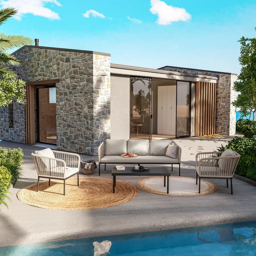Set relax da giardino 5 posti in corda beige con cuscini grigio chiaro - Gamora