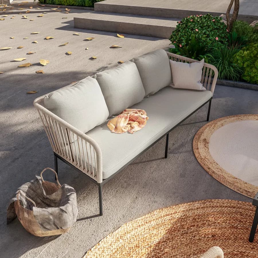 Set relax da giardino 5 posti in corda beige con cuscini grigio chiaro - Gamora