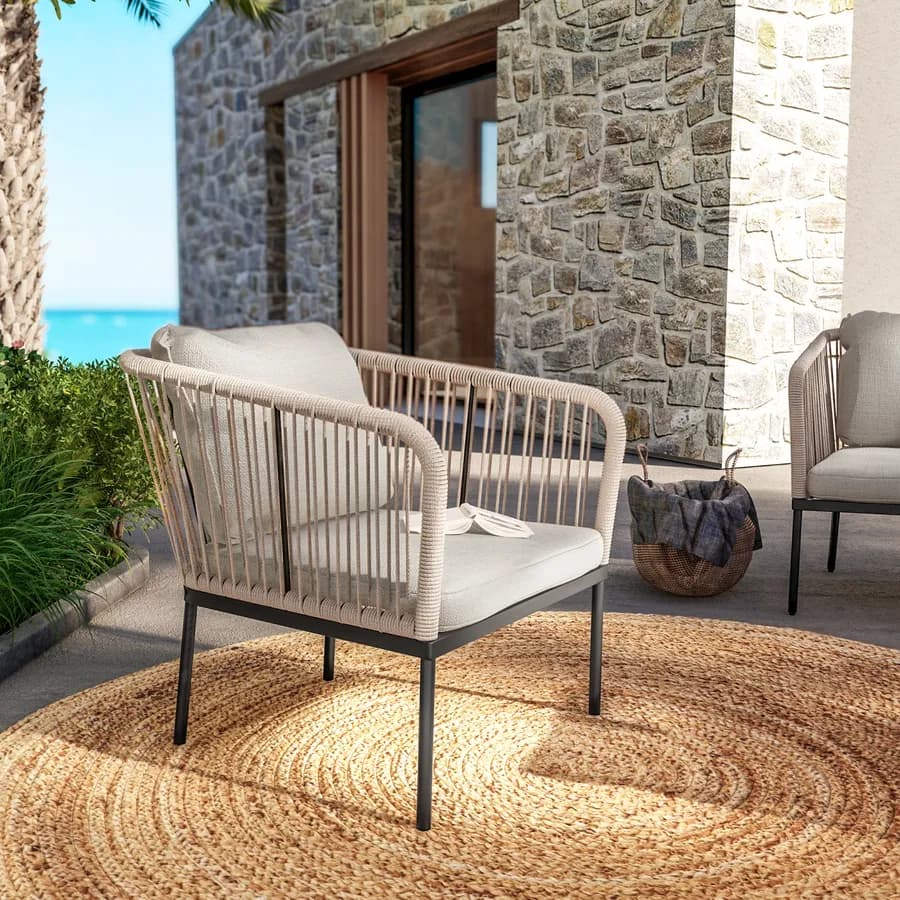 Set relax da giardino 5 posti in corda beige con cuscini grigio chiaro - Gamora